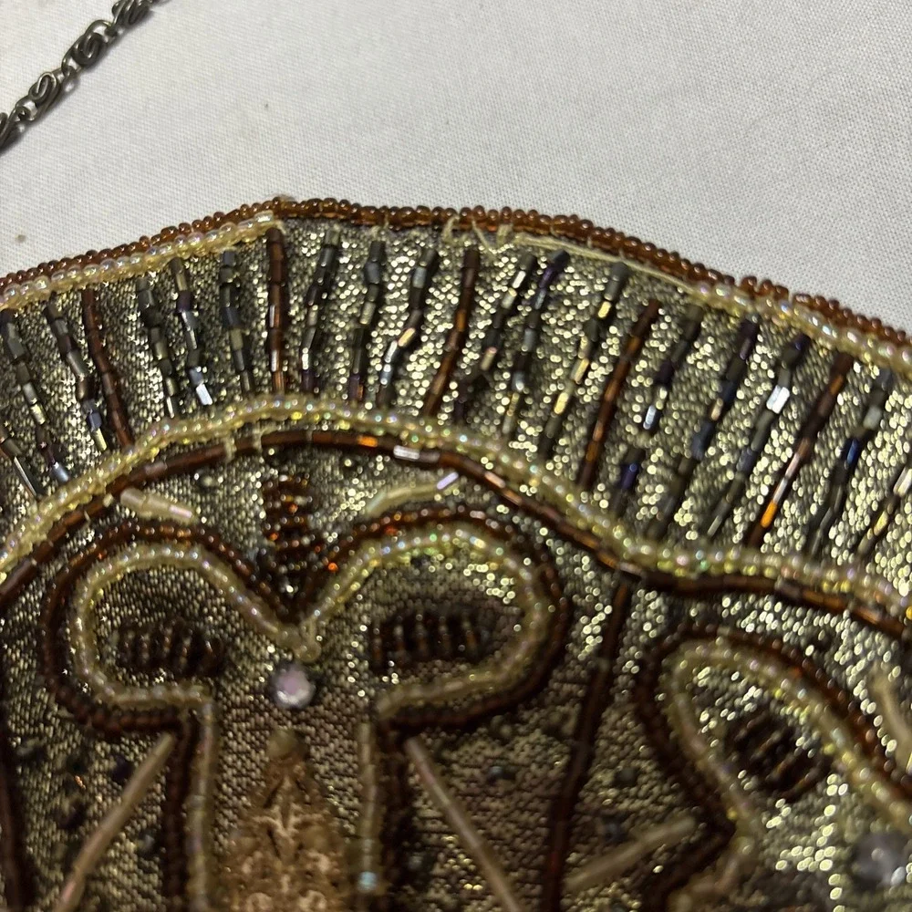 Vintage Beaded Evening Bag Clutch Purse Chain Strap Brown Gold Party‎ Crossbody